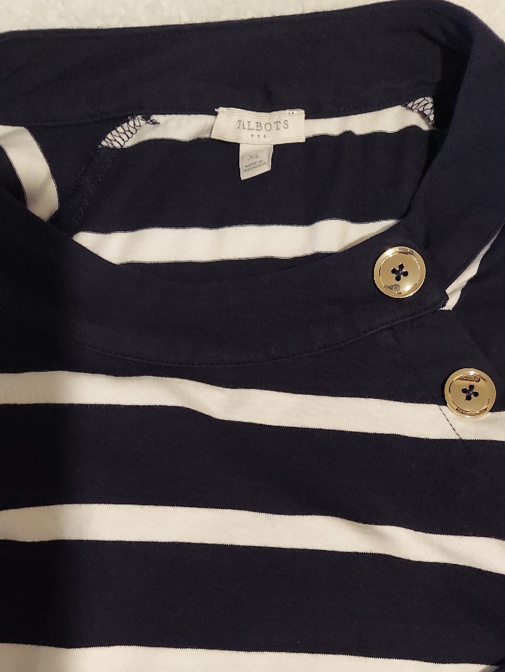 Talbots Navy and White Striped Knit Top with Gold Buttons